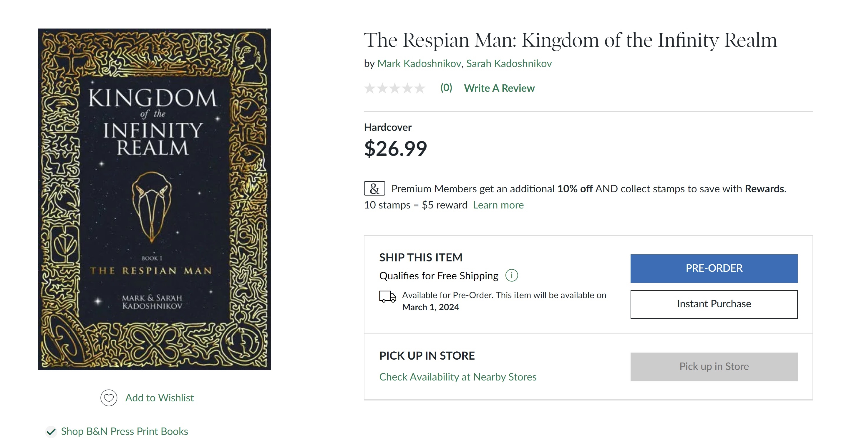 Barnes & Noble Pre-Order for The Respian Man, the first book the Kingdom of the Infinity Realm book series.